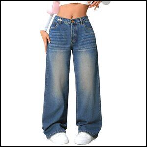 Baggy Denim Jeans Wide Leg Mid Rise Y2K Retro 90s Style with Pockets